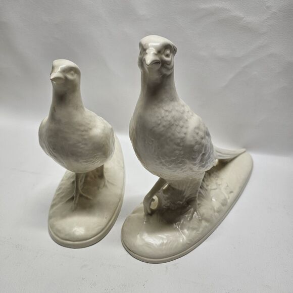 Vintage Ceramic Pheasant Sculptures – Elegant Cream Glazed Rooster + Hen Holland